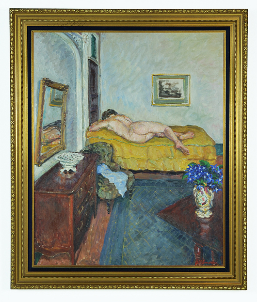 ‘Reclining Nude,’ Albert LeMaitre (Belgium, 1886-1975), oil on canvas, 48 inches by 32 inches, circa 1915, est. $4,000-$6,000. Image courtesy of Morton Kuehnert Auctioneers.